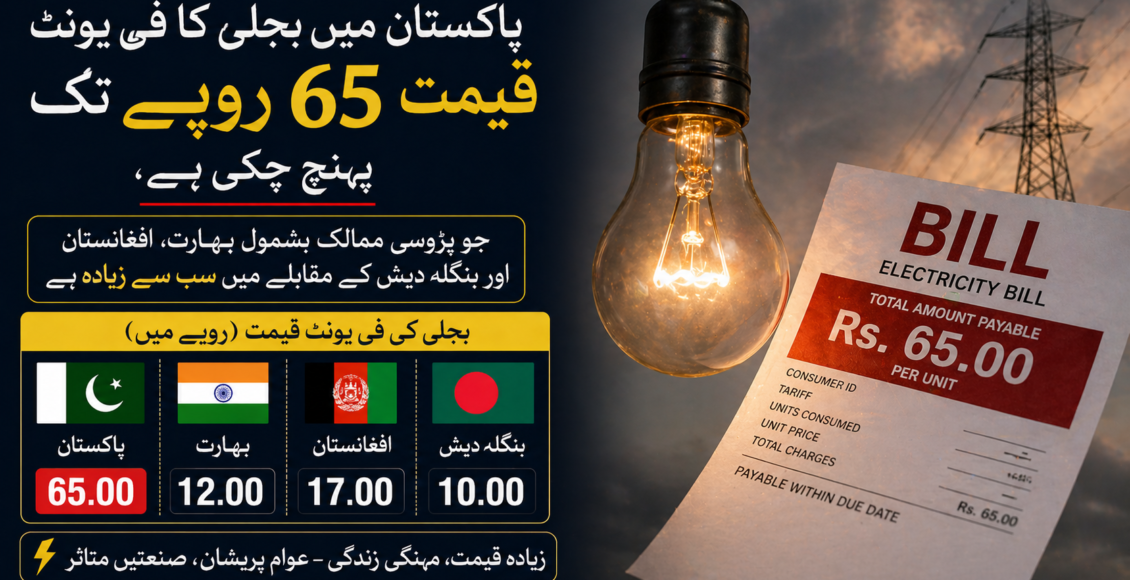 پاکستان میں بجلی کا فی یونٹ قیمت 65 روپے تک پہنچ چکی ہے