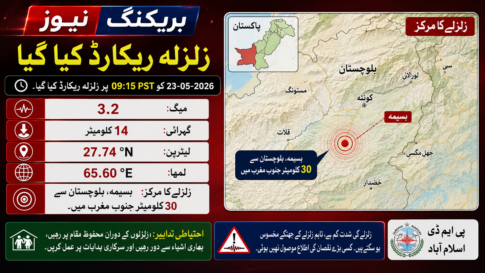 بسیمہ، بلوچستان میں 3.2 شدت کا زلزلہ، کوئی جانی نقصان نہیں