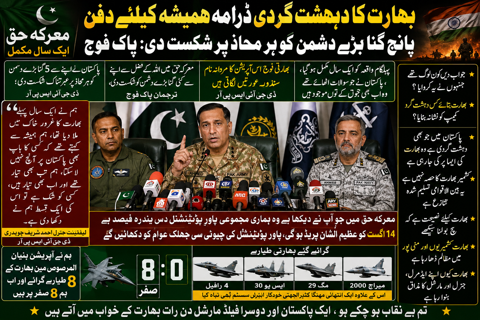 بھارت کا دہشت گردی ڈرامہ ہمیشہ کیلئے دفن، پانچ گنا بڑے دشمن کو ہر محاذ پر شکست دی: پاک فوج