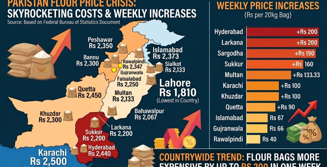 ملک کے مختلف شہروں میں آٹے کی قیمتوں کو پر لگ گئے، ایک ہفتے میں آٹےکا 20کلو کا تھیلا 200 روپے تک مہنگا ہوگیا