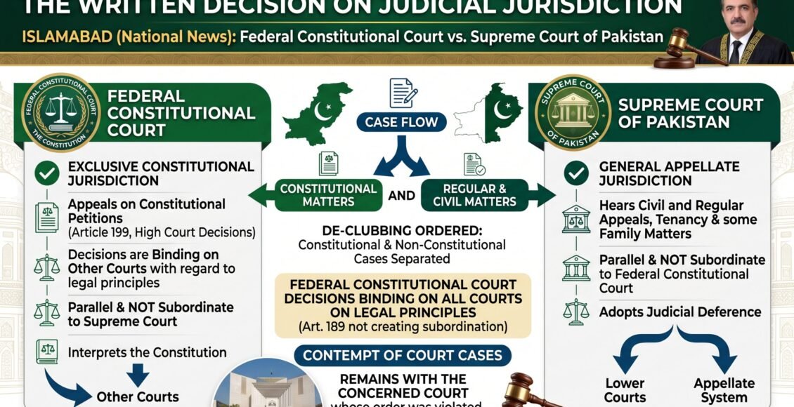 وفاقی آئینی عدالت کے فیصلے دیگر عدالتوں پر لازم ہوں گے، عدالتی دائرہ اختیار کا تحریری فیصلہ
