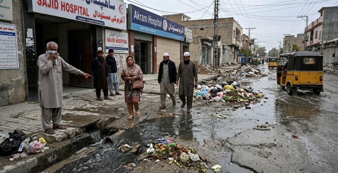 ساجد ہسپتال اور اکرم ہسپتال کے سامنے گندے پانی کی نکاسی سے عوام پریشان