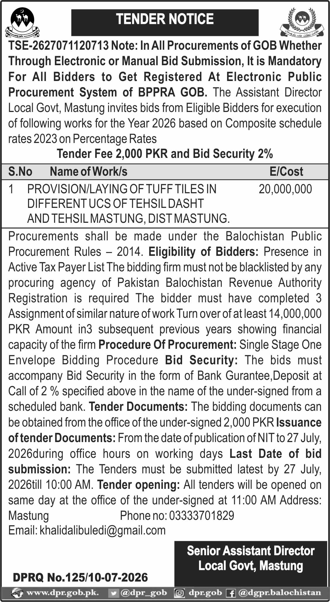 Senior  Assistant  Director   Local  Govt,  Mastung