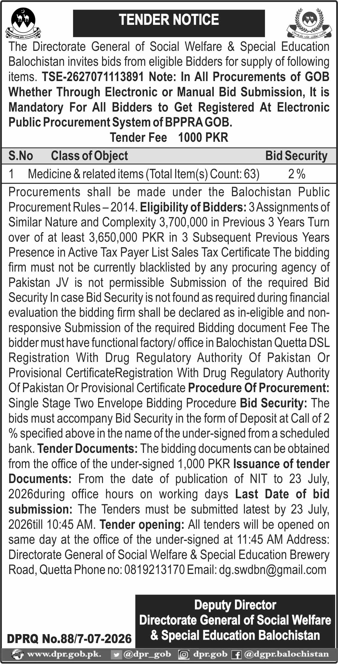 Deputy Director Directorate General Of Social Welfare & Special Education Balochistan