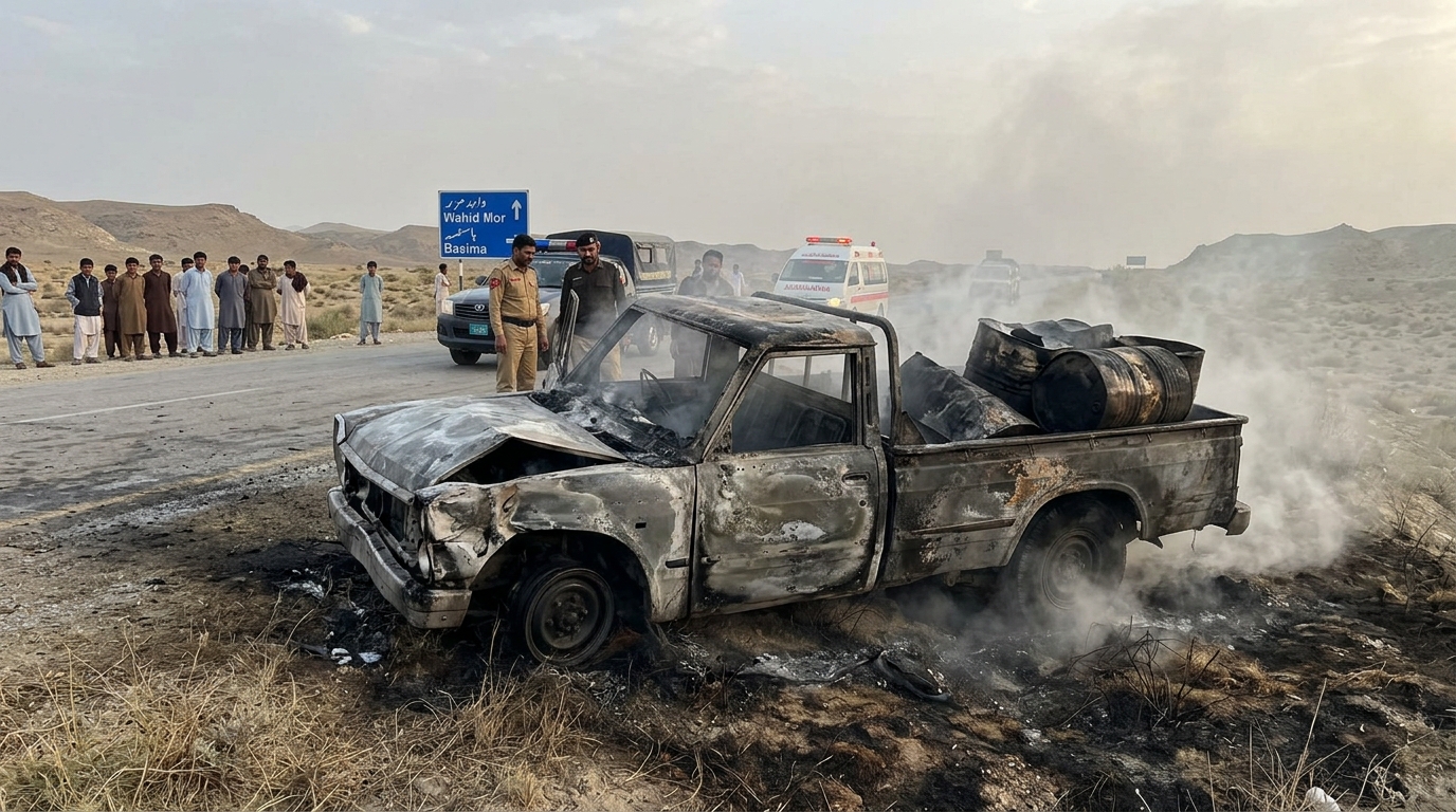 ناگ سے بسیمہ جانے والی ایرانی تیل سے بھری زمباد گاڑی خوفناک حادثے کا شکار، آگ لگنے سے ڈرائیور سمیت 2 افراد جاں بحق