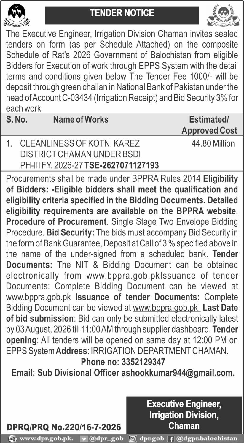 Executive Engineer, Irrigation Division, Chaman