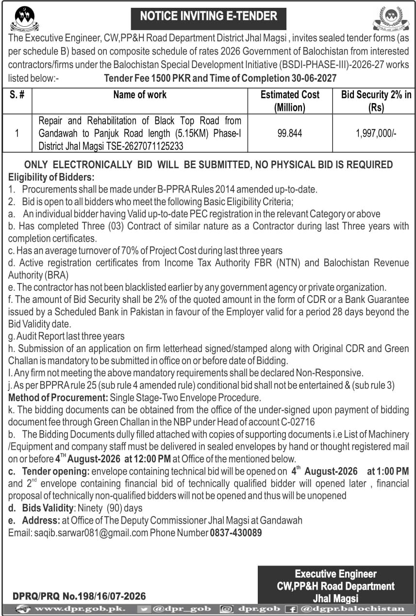 Executive Engineer CW, PP&H Road Department Jhal Magsi