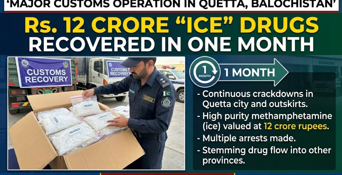 کوئٹہ، کسٹمز کی بڑی کارروائیاں، ایک ماہ کے دوران 12 کروڑ روپے مالیت کی 'آئس' برآمد