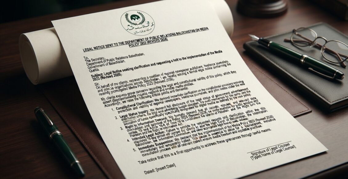 میڈیا پالیسی 2023 (نظرثانی 2026) پر محکمہ تعلقات عامہ بلوچستان کو قانونی نوٹس ارسال