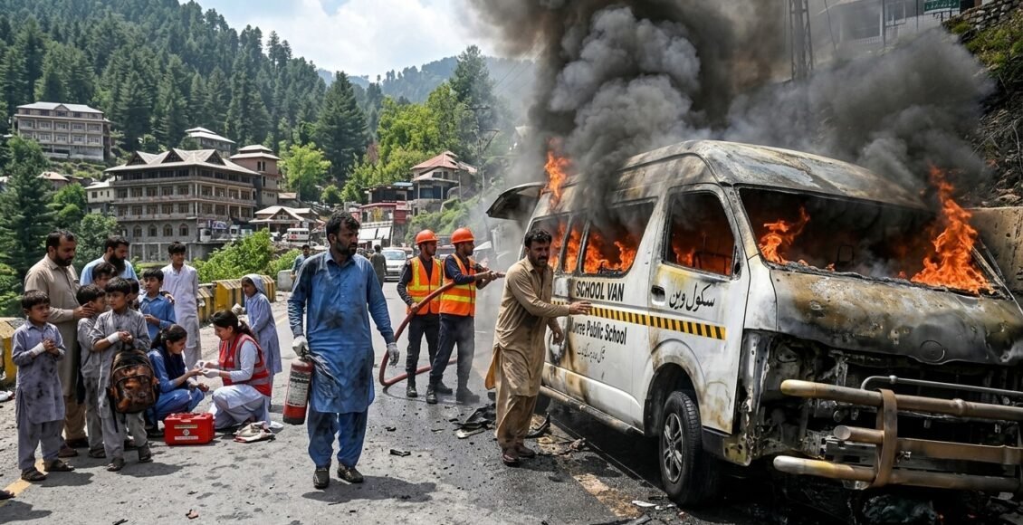 مری میں اسکول وین میں آگ لگنے سے 12 افراد زخمی، دس بچے شامل