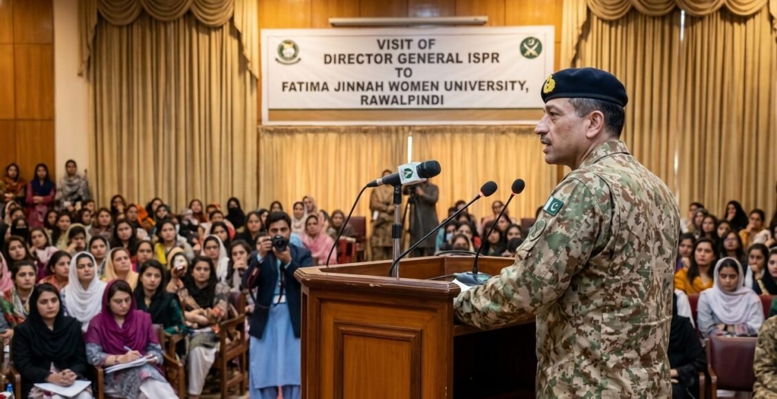 ڈی جی آئی ایس پی آر کی فاطمہ جناح ویمن یونیورسٹی راولپنڈی آمد